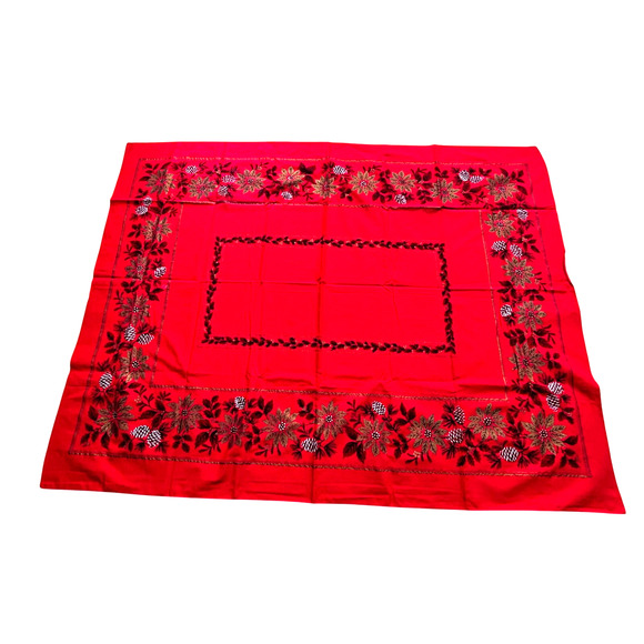 Vintage Christmas Holiday rectangle Tablecloth red gold leaves white pinecones - Picture 4 of 9